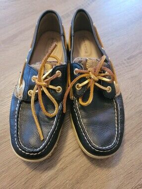 Sperry Top-Sider Women's Leather Boat Shoes Black Leopard Print Lace-Up 8M
